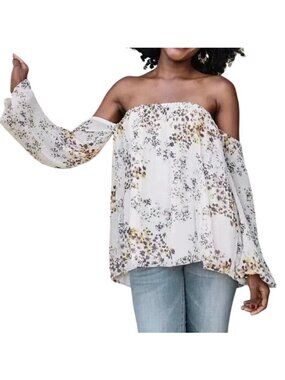 Willow & Root Blouse Size Medium Floral Pleated Off The Shoulder Top Cream Boho